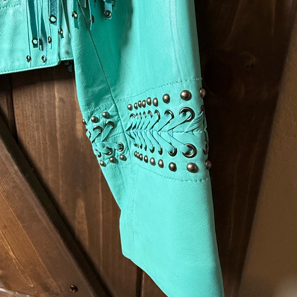Double D Ranch Turquoise Studded Fringe Leather Jacket - Picture 5 of 10